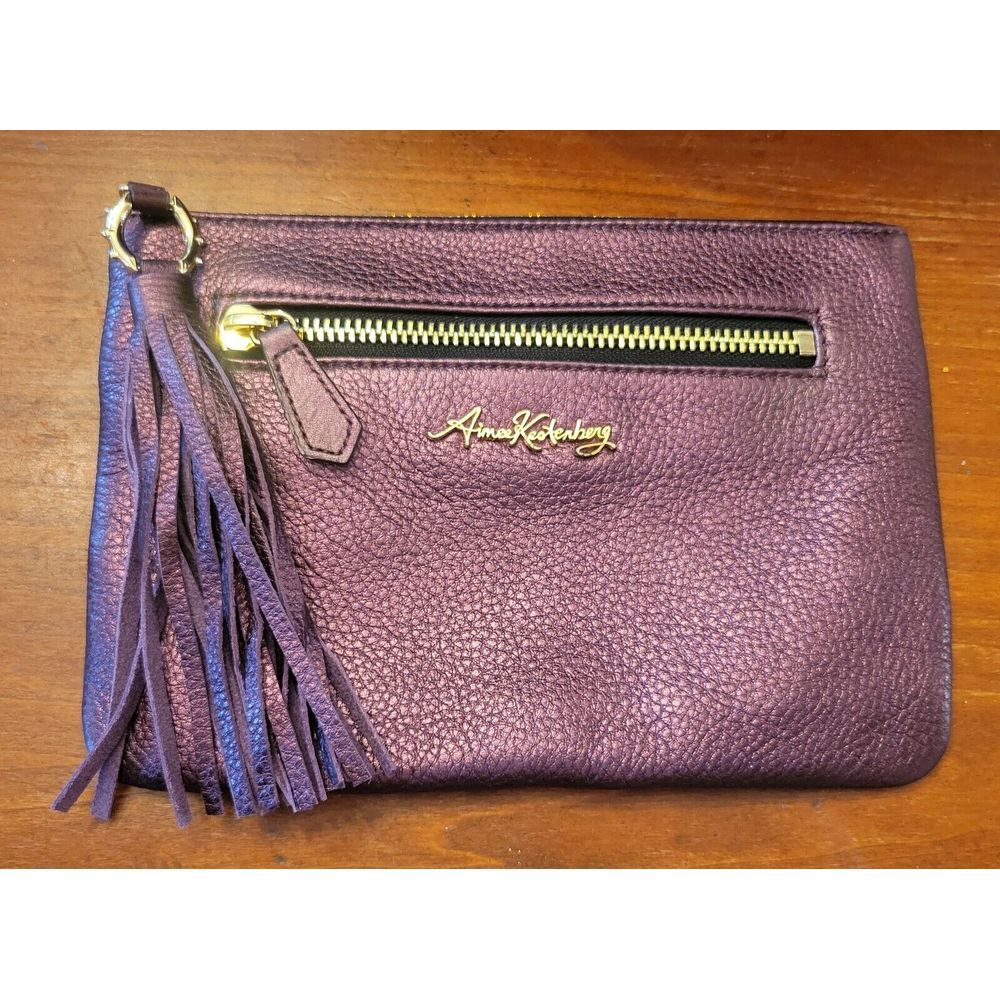 Aimee Kestenberg Genuine Leather Zip Clutch Purse Burgundy Metallic Gold Accents - Picture 10 of 15